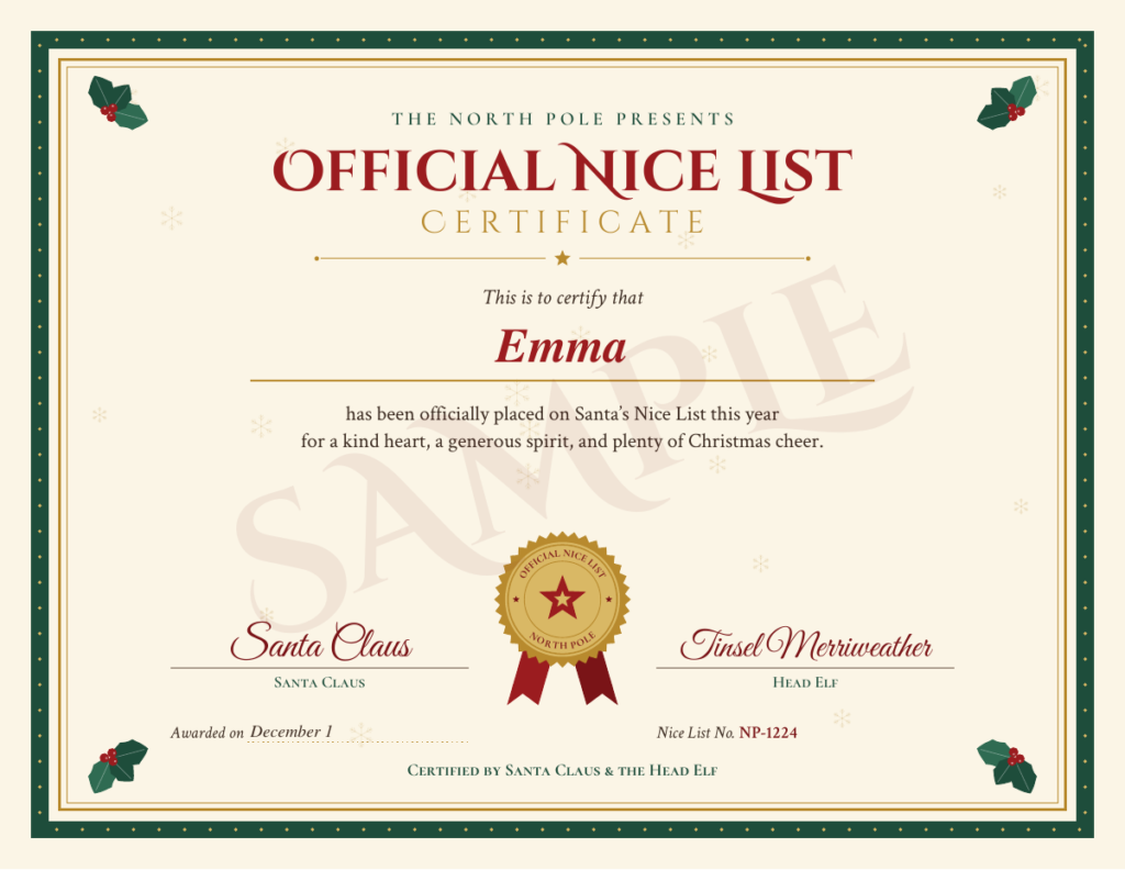 Sample preview: Nice List certificate